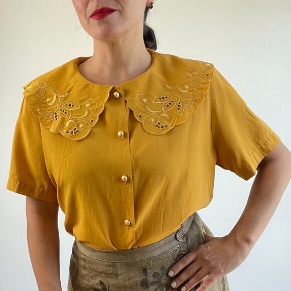 Vintage Embroidered Peter Pan Collar Mustard Yellow Blouse Size S - Picture 1 of 11
